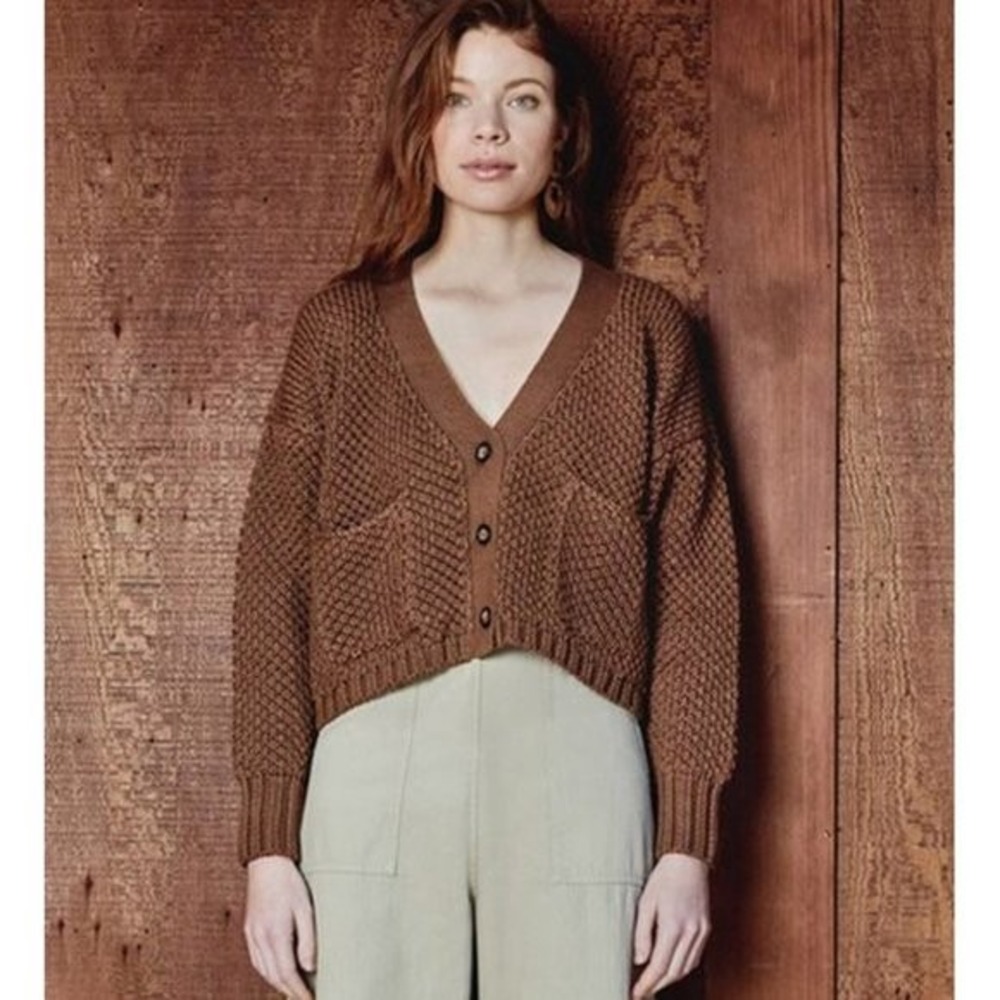 First Rite | Cropped Chunky Knit Cardigan Copper Brown Size L 100% Pima Cotton